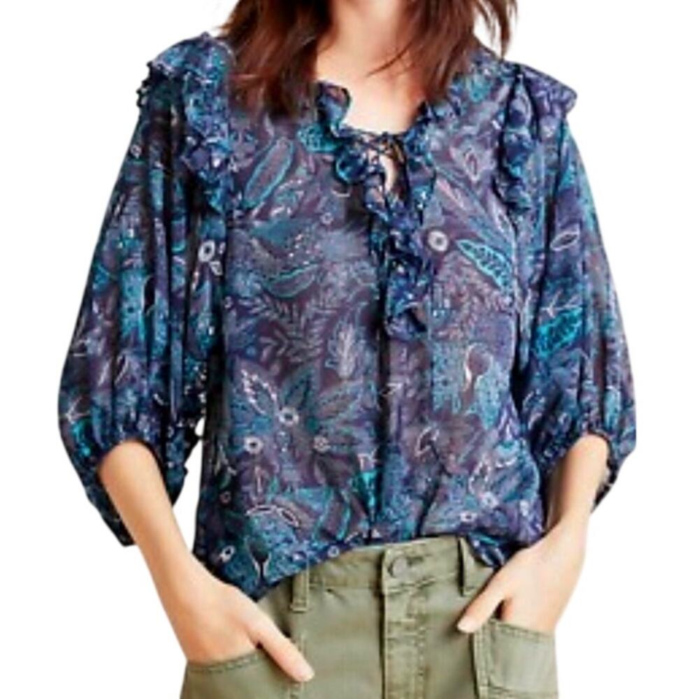 Anthropologie Haida Floral Peasant Blouse Navy
